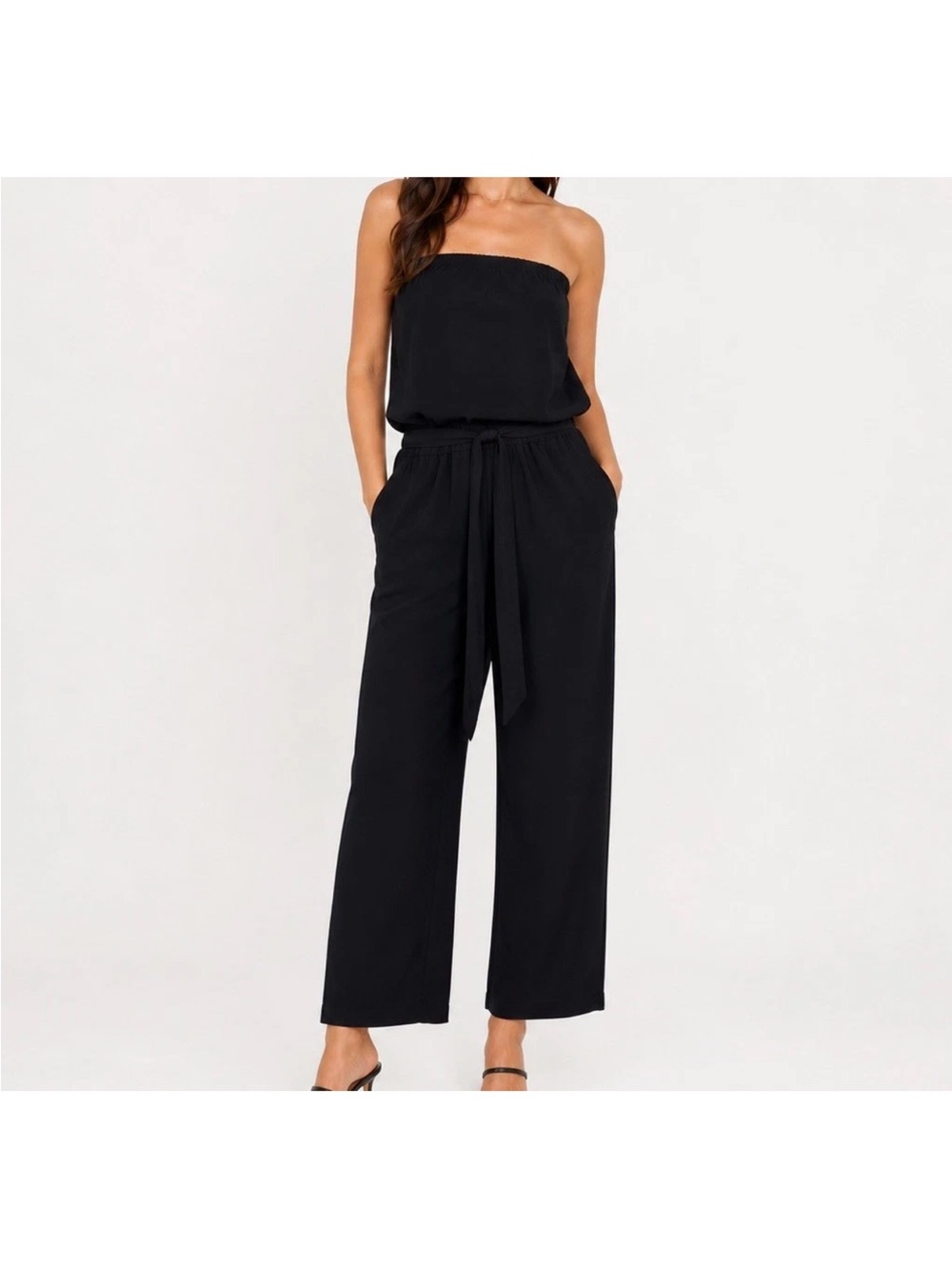 Zesica Strapless Wide Leg Jumpsuit Black Tie Waist Pockets NWT Small